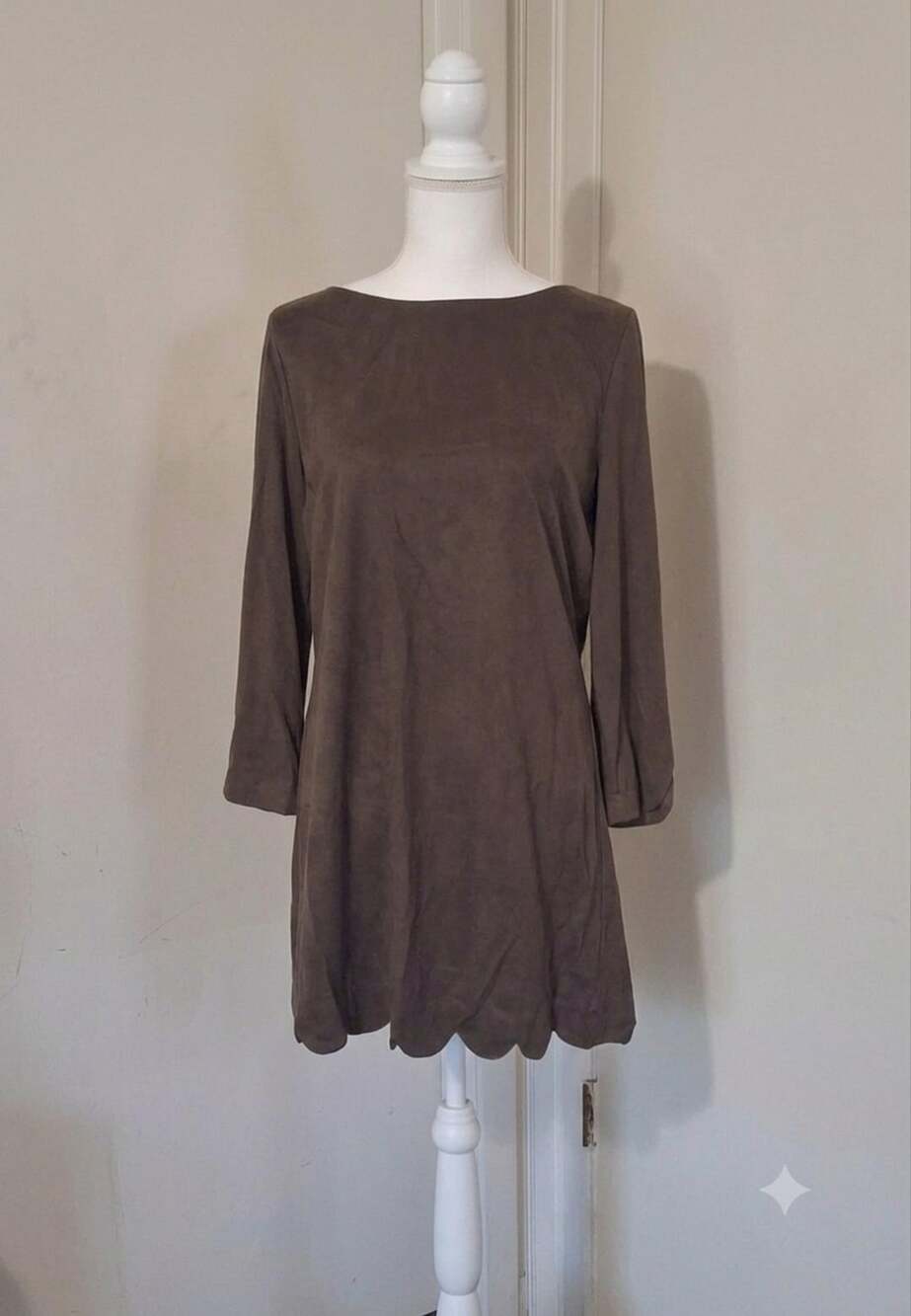 Fairycore Dark Romantic Faux Suede Scallop, Dress, M, Woodland Brown